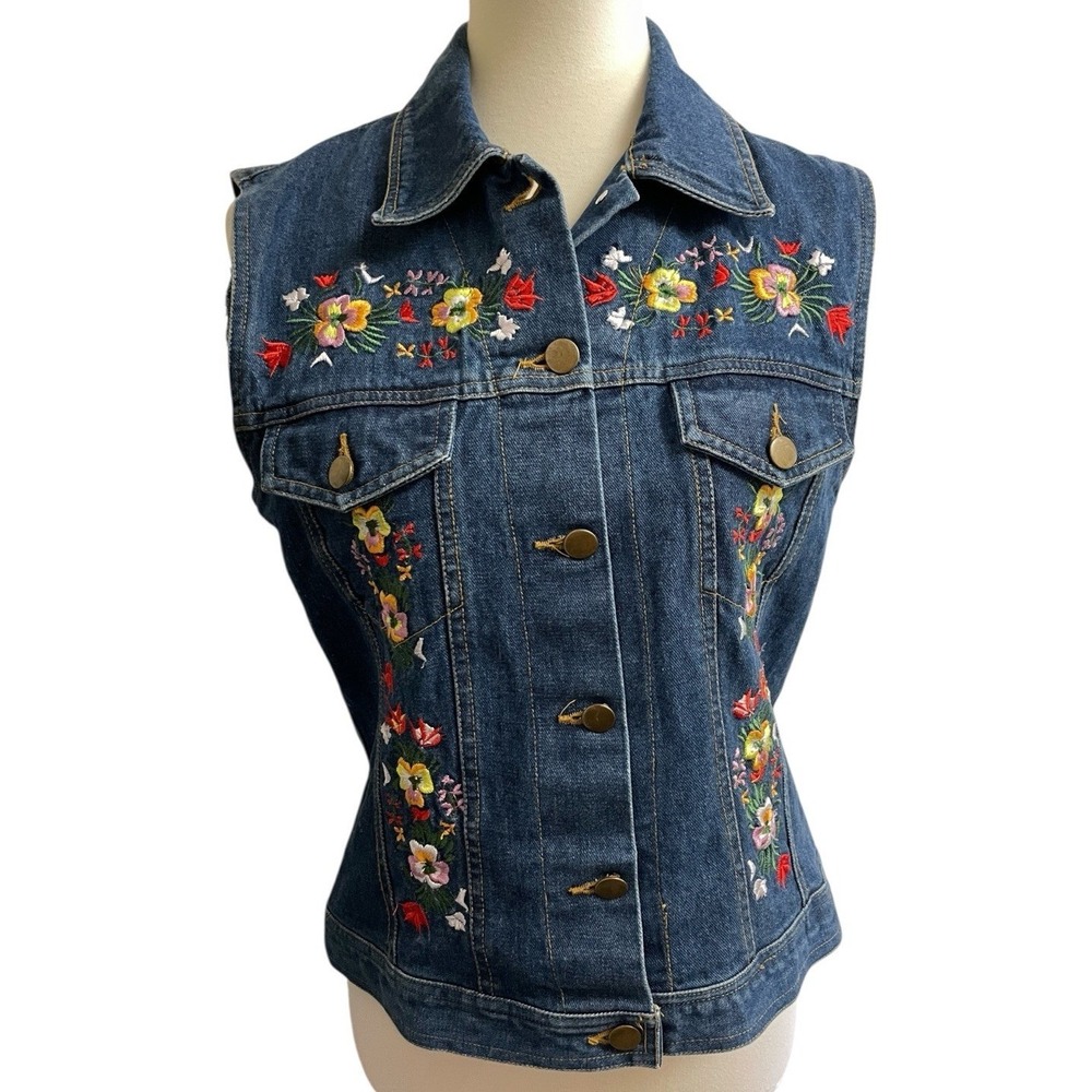 Cejon Sleeveless Jacket Women's Size M Blue Floral Embroidered Denim Cotton